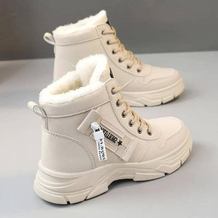 Womens Insulated Waterproof Mid Cut Cotton Walk Shoes in khaki with fleece lining, waterproof PU upper, mid-cut winter commuter boots