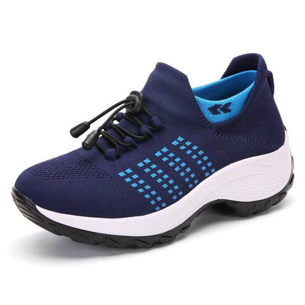 Womens Knit Slip On Casual Sneakers For Everyday Wear - navy knit lightweight slip-on sneaker with foam insole and elastic toggle laces