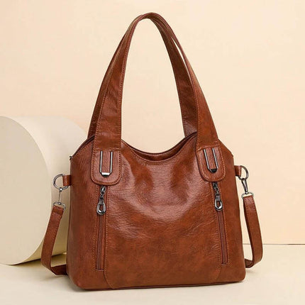 Women's Large Capacity PU Handbag For Everyday Use - brown PU leather roomy tote with visible stitching, double handles and detachable shoulder strap