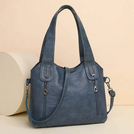 Women's Large Capacity PU Handbag For Everyday Use - navy PU leather roomy tote with visible stitching, dual handles and detachable shoulder strap