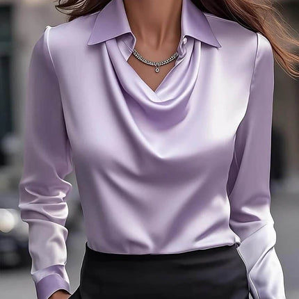 Women's Satin Swing Collar Long Sleeve Office Blouse in lavender satin with draped cowl front styled for meetings and travel