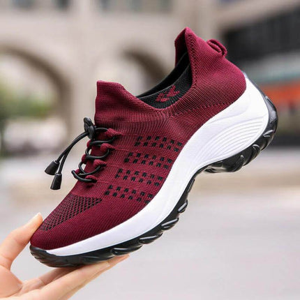 Womens Knit Slip On Casual Sneakers For Everyday Wear in burgundy knit with foam sole, lightweight stretch fit for commuting and casual office use