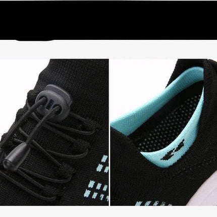 Womens Knit Slip On Casual Sneakers For Everyday Wear black knit slip-on with elastic laces and light blue inner lining