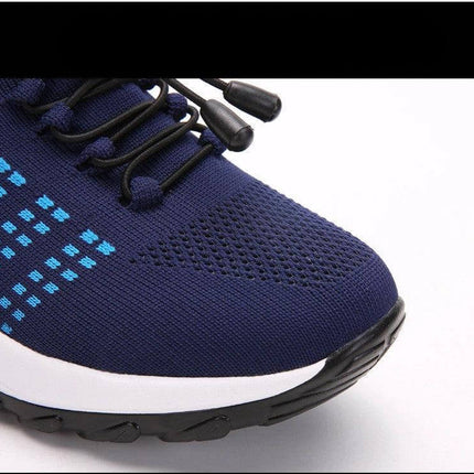 Womens Knit Slip On Casual Sneakers For Everyday Wear - navy stretch knit toe with elastic laces and lightweight cushioned foam sole