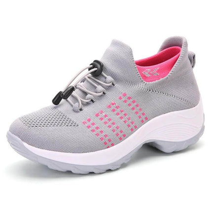 Womens Knit Slip On Casual Sneakers For Everyday Wear - lightweight grey knit slip-on sneaker with pink accents, stretch upper and foam insole for commuting and casual use