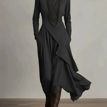 Women's Long A-Line Dress for Everyday Wear in Solid Colors - black long-sleeve high-waist A-line dress with irregular hem and turtleneck, polyester, casual office travel