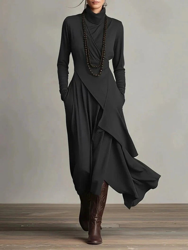 Women's Long A-Line Dress for Everyday Wear in Solid Colors - black long-sleeve high-waist A-line dress with irregular hem and turtleneck, polyester, casual office travel