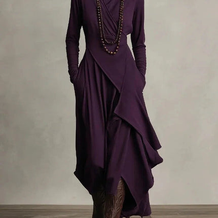 Women's Long A-Line Dress for Everyday Wear in Solid Colors - long-sleeve purple high-waist A-line dress with irregular hem, polyester casual travel outfit
