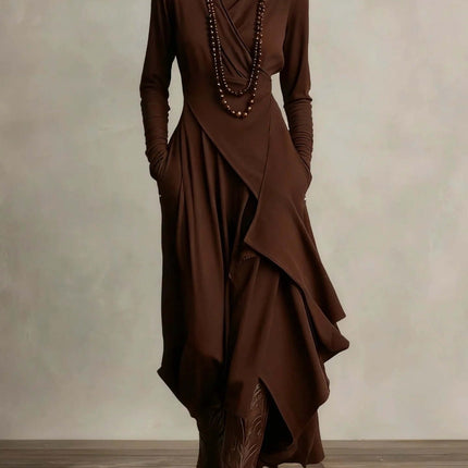 Women's Long A-Line Dress for Everyday Wear in Solid Colors — brown long-sleeve high-waist polyester dress with irregular hemline and layered drape