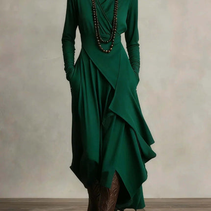 Women's Long A-Line Dress for Everyday Wear in Solid Colors - green long-sleeve high-waist polyester dress with irregular hem and pockets, styled with boots