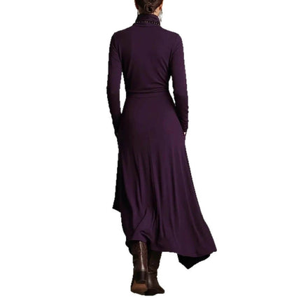 Alt Tag: Women's Long A-Line Dress for Everyday Wear in Solid Colors - back view of long-sleeve purple irregular hem casual polyester dress