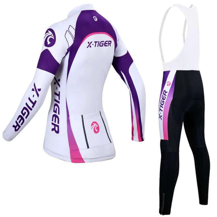 Womens Long Sleeve Cycling Jersey For Autumn Riding White Purple - white purple full-zip breathable long-sleeve kit with Lycra sleeves and close fit