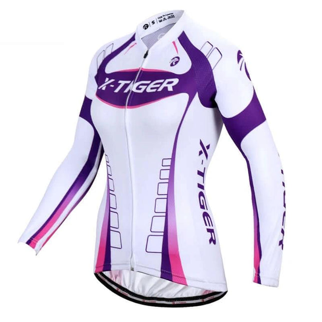Womens Long Sleeve Cycling Jersey For Autumn Riding White Purple breathable full-zip Lycra sleeves for cool-weather road and recreational cycling