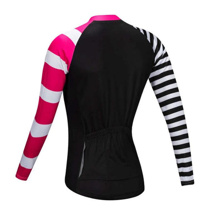 Cycling Jersey For Spring And Autumn Breathable Sweat Wicking Fit - black back with pink and black white striped long sleeves, 3-pocket rear