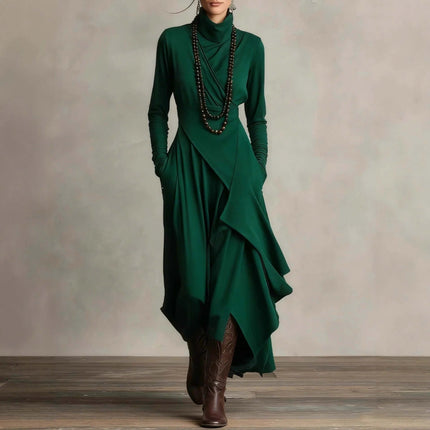 Women's Long A-Line Dress for Everyday Wear in Solid Colors — green long-sleeve high-waist polyester dress with irregular hem, layered A-line silhouette