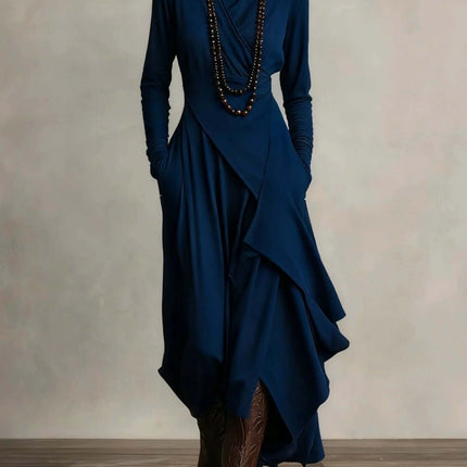 Women's Long A-Line Dress for Everyday Wear in Solid Colors - navy long-sleeve high-waist A-line dress with irregular hem, polyester, casual office and travel-ready