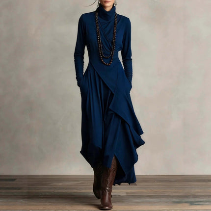Women's Long A-Line Dress for Everyday Wear in Solid Colors, navy long-sleeve high-waist polyester dress with irregular hem and pockets