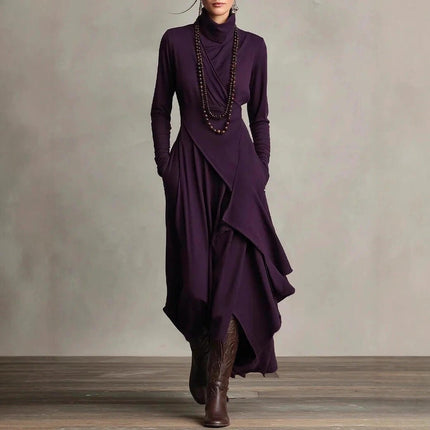 Women's Long A-Line Dress for Everyday Wear in Solid Colors - purple long-sleeve high-waist A-line dress with irregular hem, polyester, casual-to-office styling