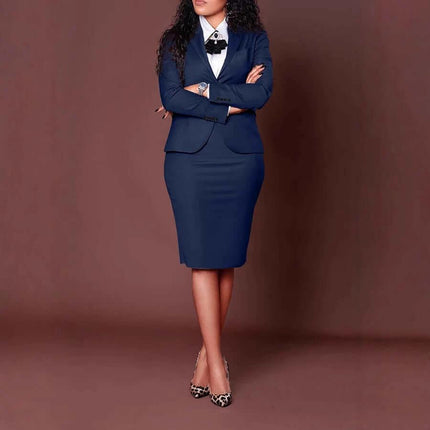 Woman wearing Women's Long Sleeve Skirt Suit For Work Office Style in navy with white blouse and pumps, professional office outfit for meetings and interviews