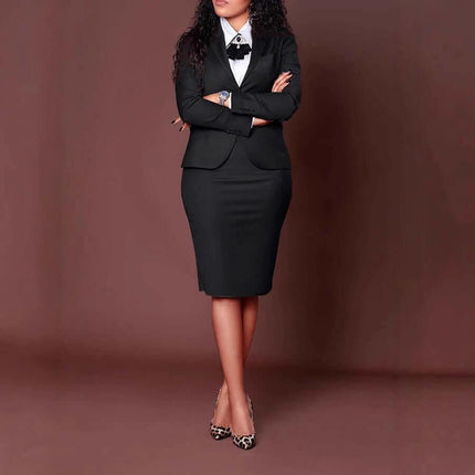 Women's Long Sleeve Skirt Suit For Work Office Style - professional black two-piece skirt suit with long-sleeve top, mid-length pencil skirt and pumps