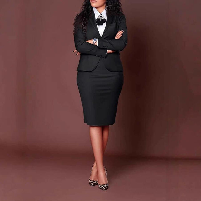 Women's Long Sleeve Skirt Suit For Work Office Style - professional black two-piece skirt suit with long-sleeve top, mid-length pencil skirt and pumps