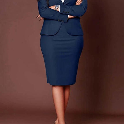 Women's Long Sleeve Skirt Suit For Work Office Style model in navy stretch polyester blend, long-sleeve top and mid-length pencil skirt, professional office outfit
