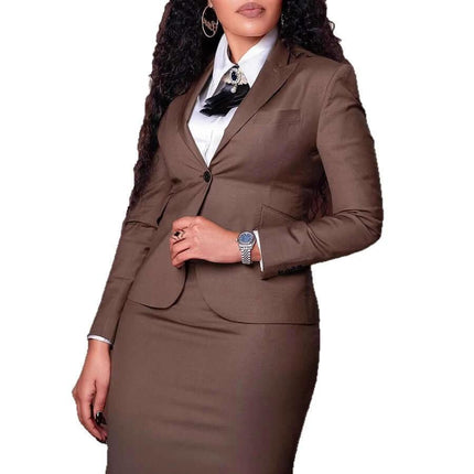 Women's Long Sleeve Skirt Suit For Work Office Style - brown stretch polyester blend two-piece office skirt suit with long-sleeve top