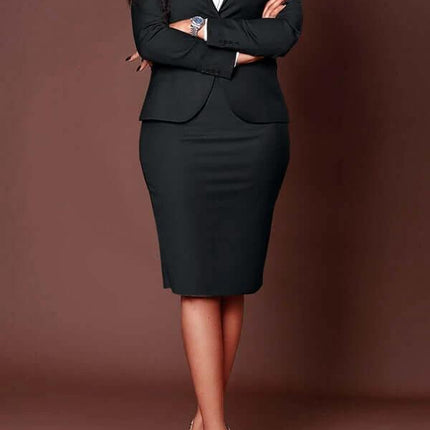 Women's Long Sleeve Skirt Suit For Work Office Style - black two-piece stretch polyester skirt suit with long-sleeve top, professional office outfit
