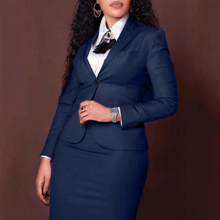 Women's Long Sleeve Skirt Suit For Work Office Style - navy stretch polyester blend two-piece set with long-sleeve top and mid-length skirt for professional wear