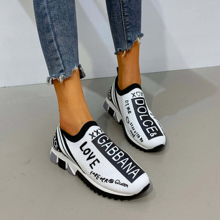 Womens Low Top Casual Flat Sneakers Slip On For Everyday Wear - black white graphic slip-on sneakers with rubber sole