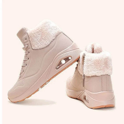 Women's Low-Top Snow Boots With Fleece Lining And Chain, beige fleece-lined low-top commuter boots with traction sole and decorative chain detail