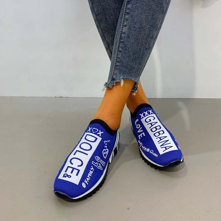 Womens Low Top Casual Flat Sneakers Slip On For Everyday Wear - blue slip-on sneakers with Dolce & Gabbana style branding, flat wear-resistant rubber sole
