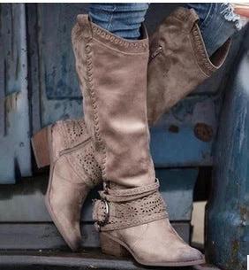 Women's Martin Style Suede High Shaft Boots Black For Everyday Wear - mid-calf suede riding-inspired boots with metal tube trim