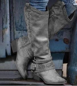 Women's Martin Style Suede High Shaft Boots Black For Everyday Wear - grey suede mid-calf boots with metal trim and riding-inspired silhouette