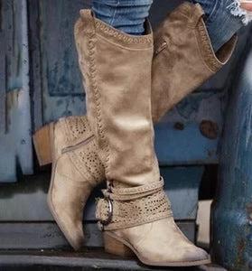 Women's Martin Style Suede High Shaft Boots Black For Everyday Wear - mid-calf suede boots with metal tube trim, structured shaft and riding-inspired silhouette
