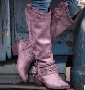 Women's Martin Style Suede High Shaft Boots Black For Everyday Wear - mid-calf suede riding-inspired boots with metal trim, everyday urban styling