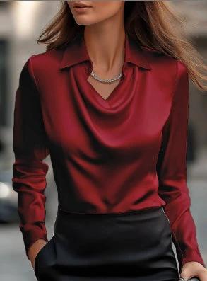 Women's Satin Swing Collar Long Sleeve Office Blouse in burgundy satin with draped cowl neck, long sleeves, and polished office styling