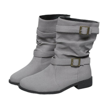 Womens Mid Heel Square Toe Ankle Boots Navy Denim Everyday - light gray denim-effect mid-heel ankle boots with buckle straps