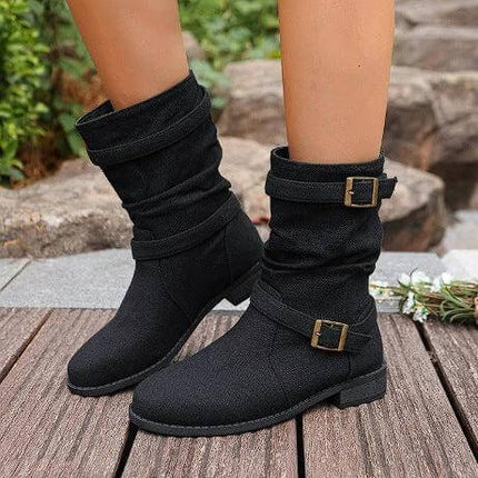 Womens Mid Heel Square Toe Ankle Boots Navy Denim Everyday — navy denim-look mid-heel square toe ankle boots with buckle straps, rubber sole, commuter style