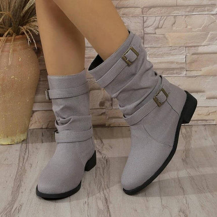 Womens Mid Heel Square Toe Ankle Boots Navy Denim Everyday - light gray denim-effect mid-heel ankle boots with buckle straps, square 3–5 cm heel