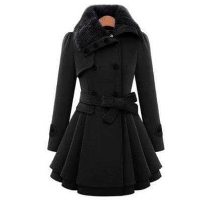 Women's Mid-Length Woolen Belted Coat For Everyday Cold Weather - black structured belted wool coat with flared skirt, fur collar, long sleeves, warm polyester blend
