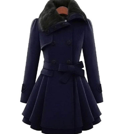 Women's Mid-Length Woolen Belted Coat For Everyday Cold Weather - navy structured wool coat with waist belt and faux fur collar