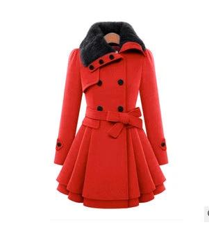 Women's Mid-Length Woolen Belted Coat For Everyday Cold Weather - red wool double-breasted coat with waist belt and faux fur collar
