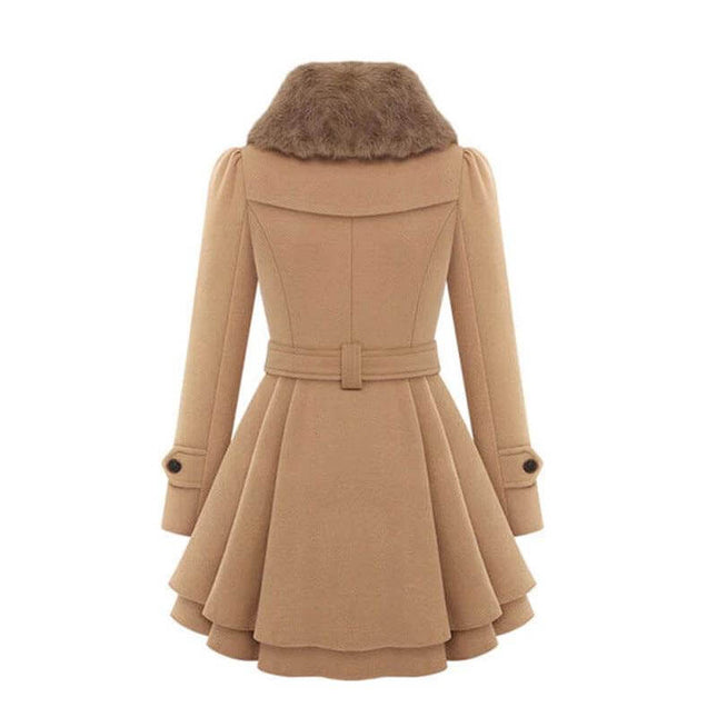 Women's Mid-Length Woolen Belted Coat For Everyday Cold Weather in camel with faux-fur collar, fitted waist belt and flared hem, back view
