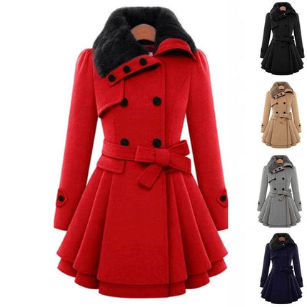 Women's Mid-Length Woolen Belted Coat For Everyday Cold Weather - red flared wool coat with faux fur collar, double-breasted belt
