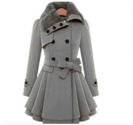 Women's Mid-Length Woolen Belted Coat For Everyday Cold Weather - grey double-breasted wool coat with fur collar and waist belt