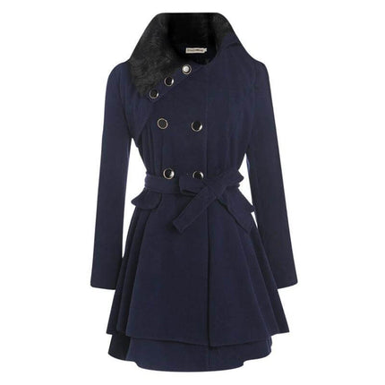 Women's Mid-Length Woolen Belted Coat For Everyday Cold Weather - navy woolen belted coat with double-breasted buttons and faux-fur collar