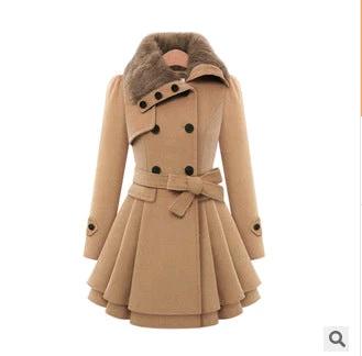 Women's Mid-Length Woolen Belted Coat For Everyday Cold Weather - camel woolen belted coat with fur collar, double-breasted tailored silhouette, flared skirt