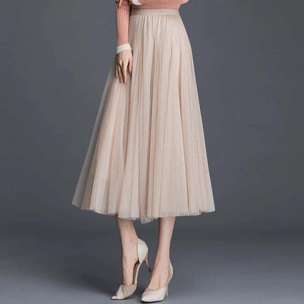 Womens Mid-Waist Pleated Mesh Lace Skirt Black Everyday Wear - beige mid-length pleated mesh skirt styled with blouse and heels