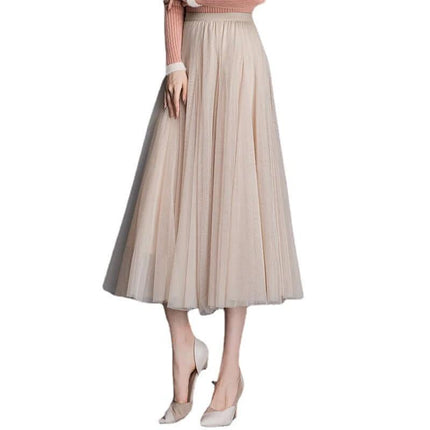 Womens Mid-Waist Pleated Mesh Lace Skirt Black Everyday Wear - beige pleated mid-length mesh skirt styled with knit top and heels for office or casual